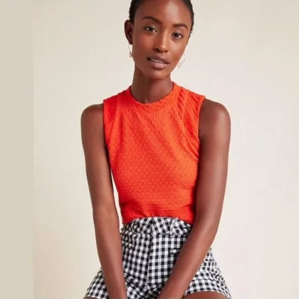 Maeve | Anthropologie Barbara Jacquard Knit Top Sleeveless in Red Orange Small